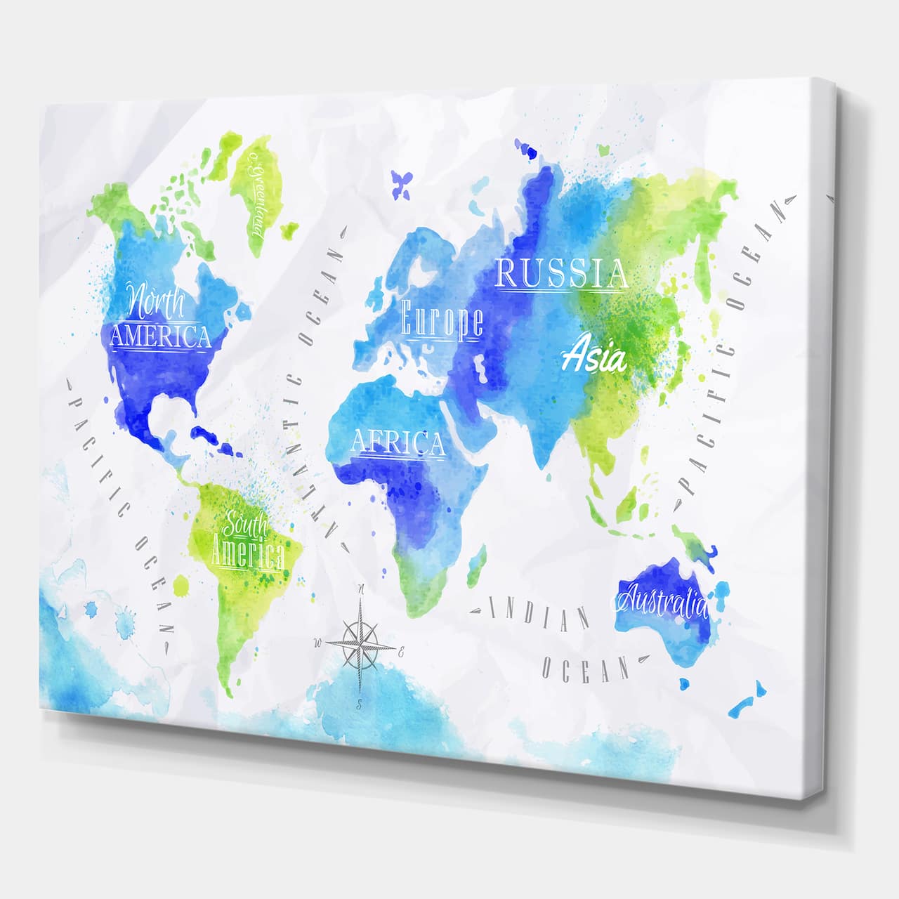 Designart - World Map In Green and Blue - Modern Canvas Wall Art Print